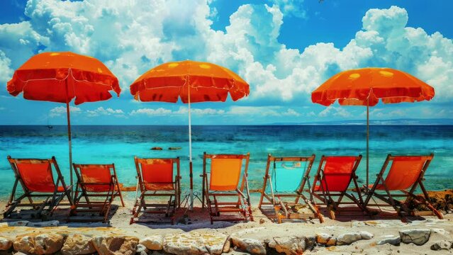 Relaxing painting of beach chairs and umbrellas, capturing seaside leisure and tranquility
