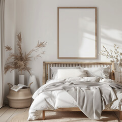 Scandinavian farmhouse bedroom interior, poster frame mockup, 3d render