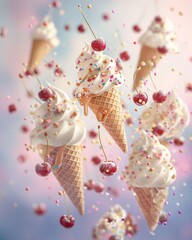 Ice cream in a waffle cone with cherries and sprinkles on a pink background. 3d illustration.