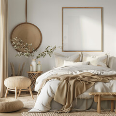 Scandinavian farmhouse bedroom interior, poster frame mockup, 3d render