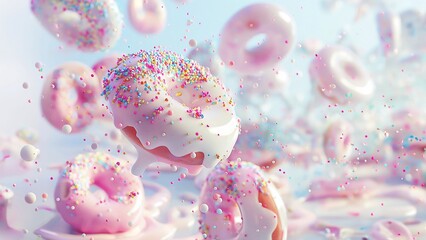 Flying donuts with pink icing and splashes on a colorful background. 3d rendering