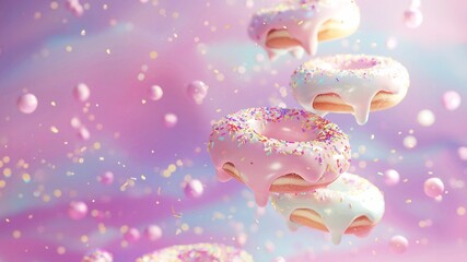 Flying donuts with pink icing and splashes on a colorful background. 3d rendering