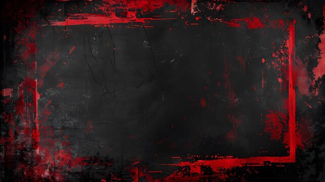 Striking red grunge border against black background, black wall with expressive red paint strokes