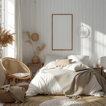 Scandinavian farmhouse bedroom interior, poster frame mockup, 3d render