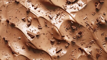 Texture of chocolate ice cream with chocolate pieces and chocolate chips, 3D rendering, top view,...