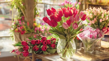 A bouquet of tulips in a vase on a shelf of a flower shop, 3D rendering, against the background of colorful bouquets of tulips.