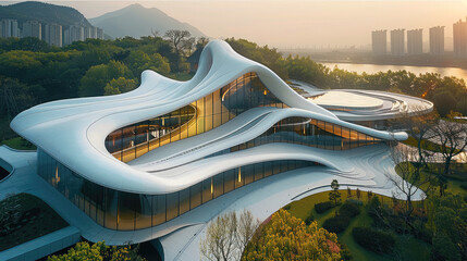 A s-shaped single-level structure with white fabric curtain wall roofs, the white fabric curtain...