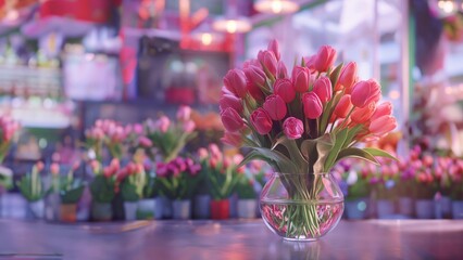 A bouquet of tulips in a vase on a shelf of a flower shop, 3D rendering, against the background of colorful bouquets of tulips.