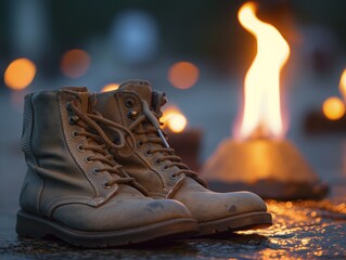 Two old military boots are sitting on a wet pavement next to a fire. The scene has a nostalgic and somewhat somber mood