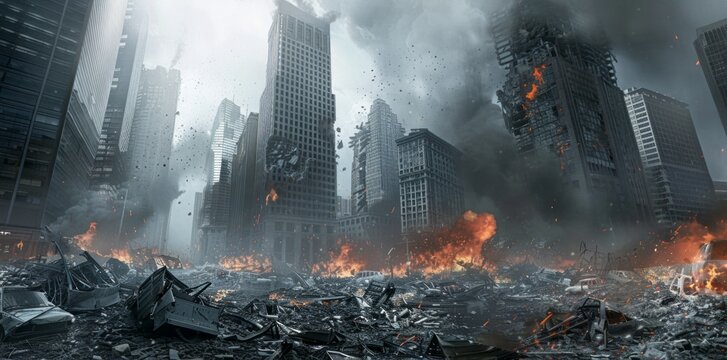 Devastating aftermath of a city ravaged by disaster, depicting crumbling buildings and scattered debris, evoking a somber reflection on the resilience of humanity amidst the wreckage of urban decay.