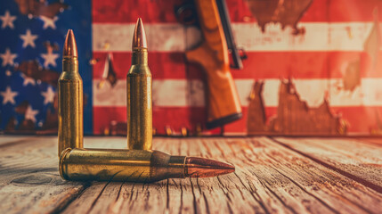 Ammunition with an American flag and handgun in the background symbolizing Second Amendment rights