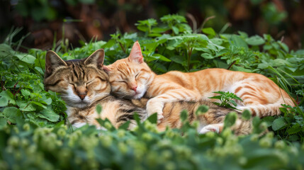 Naklejka na ściany i meble Two cats napping in a lush garden, enveloped in green leaves and soft light