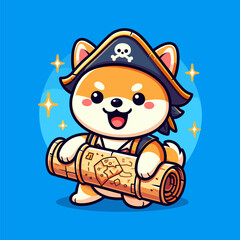 A cute Shiba Inu in a pirate costume holding maps