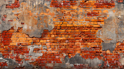 Aged and textured brick wall with a detailed arrangement of red bricks and mortar