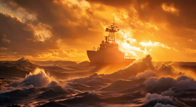 a USA coast guard cutter silhouetted at sunrise on rough seas, maximum detail