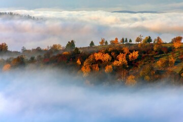 Vibrant autumn landscape with colorful trees hidden in clouds. Kremnica Mountains, Slovakia.