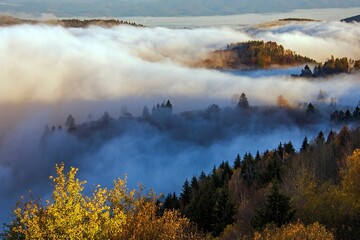 Scenic mountainous landscape hidden in a sea of clouds. Kremnica Mountains, Slovakia.