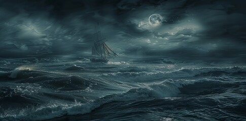 A ship is sailing in the ocean at night