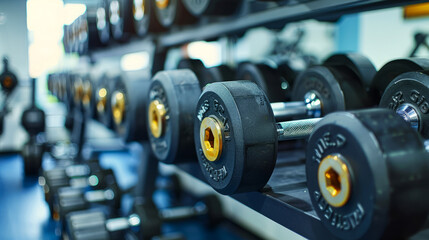 Fototapeta premium Aligned dumbbells on rack in gym with blue tones and focus on weights for strength training