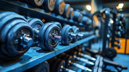 Fototapeta na wymiar Aligned dumbbells on rack in gym with blue tones and focus on weights for strength training