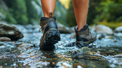 Hiking boots wading through stream with mountainous forest backdrop, focus on adventure