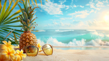 Pineapple and sunglasses on a sandy beach with azure waves in the background