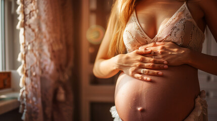 Pregnant woman cradling belly in lace lingerie with warm light in cozy home environment - obrazy, fototapety, plakaty