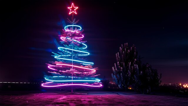 Christmas tree. Neon. Falling snowflakes. New Year snowflakes. Slowly falling snowflakes effect. Midnight snowflakes. Christmas snowflakes. Noel. Loop. Snow falling. Magic. Generative AI.