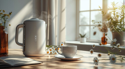 The electric kettle modern design on desk. Generative AI. - obrazy, fototapety, plakaty