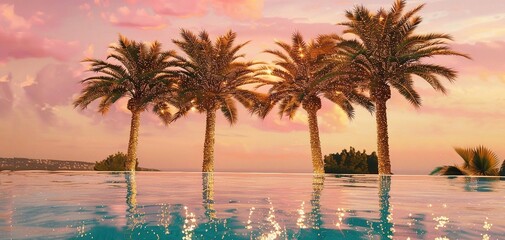 palm trees at sunset glittering pool dramatic sky 
