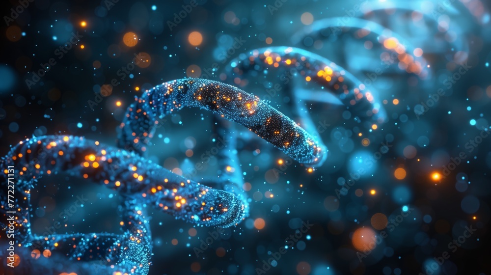 Aufkleber digital representation of dna structures in blue hues with glowing particles