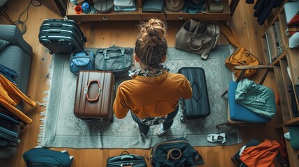 View from aloft of a lady packing her bags at home with multiple objects strewn all over the floor weekend adventure and space, Generative AI. - obrazy, fototapety, plakaty