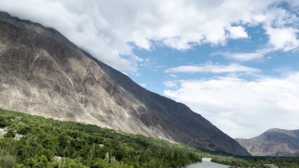 landscape with clouds Cloud Blue Sky Mountain Peak Tree Green Grass Road River Lake Canal