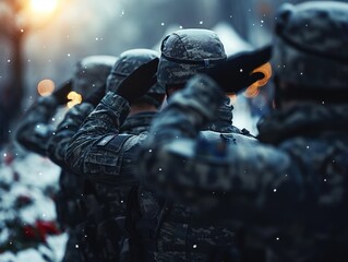 A group of soldiers are saluting in the snow. Scene is solemn and respectful - obrazy, fototapety, plakaty