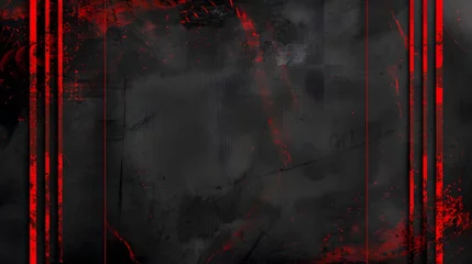Fotobehang Expressive red grunge frame on black background, bold red brush strokes on dark wall © artestdrawing
