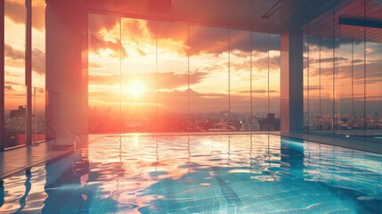 Indoors pool of a modern minimal sleek luxury penthouse, during a stunning colorful sunset with view on the city skyline. Generative AI.