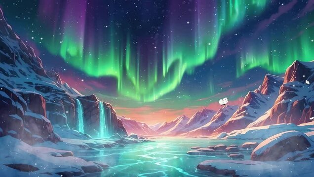 Immersive 4k video footage showcasing the surreal beauty of the aurora borealis against a backdrop of snow, moonlight, and a stunning frozen waterfall.