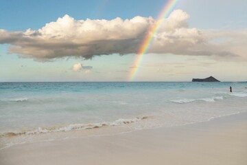 there is a rainbow in the sky and water on the beach