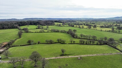 Obraz premium View of lush green countryside featuring rolling fields, trees, and a road in a rural area.