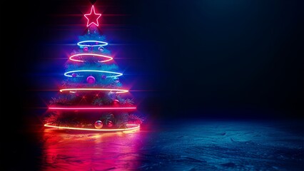 Christmas tree. Looped Christmas snow. Midnight snowfall. Neon. Noel. Loop. Generative AI.