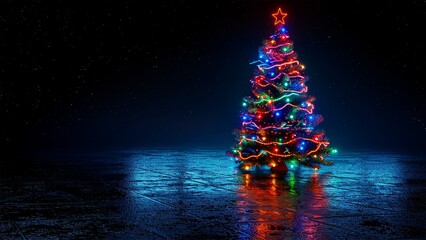 Christmas tree. Looped Christmas snow. Midnight snowfall. Neon. Noel. Loop. Generative AI.