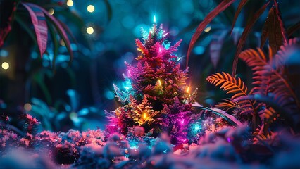 Christmas tree. Looped Christmas snow. Midnight snowfall. Neon. Noel. Loop. Generative AI. - obrazy, fototapety, plakaty