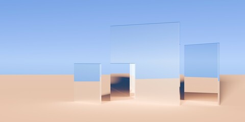 Multiple chrome retro box or monolith objects in surreal abstract desert landscape with blue sky background, geometric primitive fantasy concept