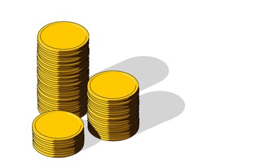 Cartoon illustration of multiple stacks of gold money coins over white background, wealth, savings or finance concept
