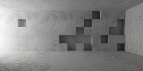 Abstract empty, modern concrete room with square recesses in the back wall and rough floor - industrial interior background template