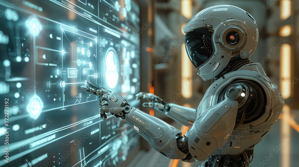 Aufkleber A robot pointing at a holographic screen. Generative AI.