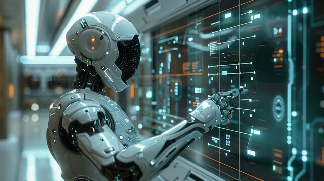 A robot pointing at a holographic screen. Generative AI.
