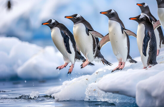 The penguins jumping from an ice floe into the sea
