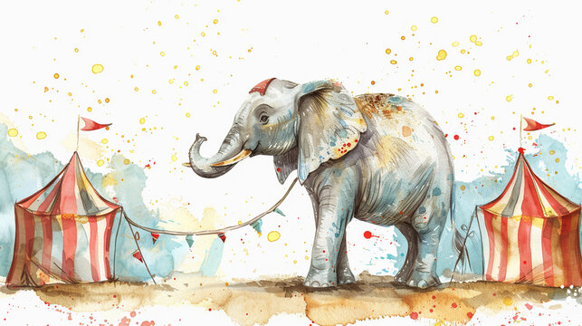 World Circus Day. Holiday concept. Template for background, banner, card, poster, circus elephant watercolor art style  isolated on white background 