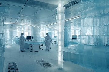 A surreal office environment crafted entirely from clear ice blocks, with scientists in lab coats working amidst frozen desks and computers, exuding a cool blue ambiance